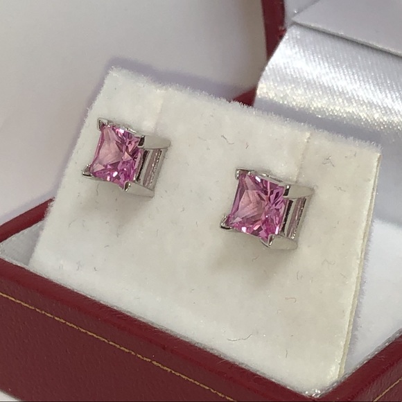 Real Solid 14K White Gold Princess Cut Pink Solitaire Gemstone Stud Earrings - Picture 5 of 12
